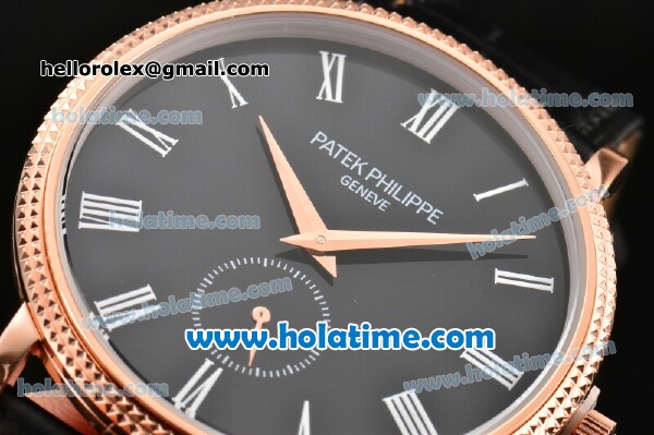 Patek Philippe Calatrava Miyota Quartz Rose Gold Case with Roman Numeral Markers and Black Dial - Click Image to Close